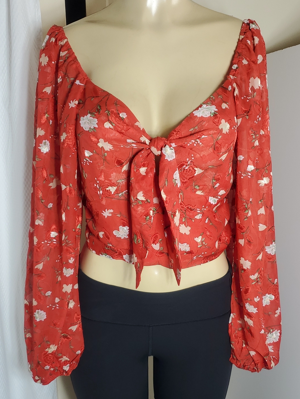 Flower Source Red Floral Print Tie-Front Long Sleeve Top
